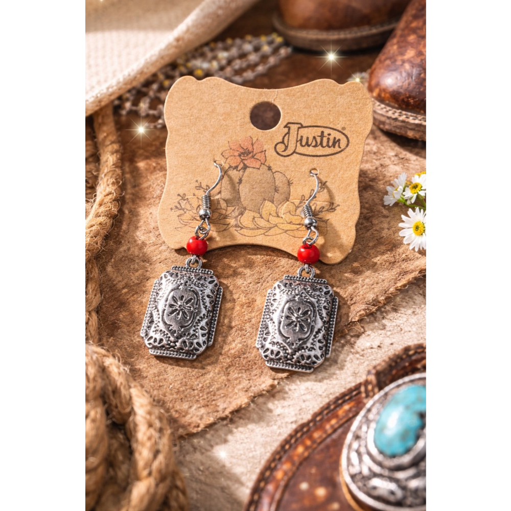 Justin Silver Western Concho Drop Earrings | Boho Cowgirl Statement | Rustic Bou